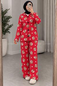 Lamelif Kırmızı Ayıcıklı Fiyonk Detaylı Pijama Takımı