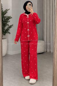 Lamelif Kırmızı Kalp Desenli Fiyonk Detaylı Pijama Takımı