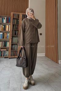 Khaki Crew Neck Long Arm Buttoned Elastic Trousers Suit