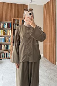 Khaki Crew Neck Long Arm Buttoned Elastic Trousers Suit