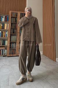 Khaki Crew Neck Long Arm Buttoned Elastic Trousers Suit