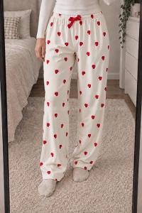 Lamelif Milan Kumaş Beyaz-Kırmızı Kalp Desenli Pijama Altı