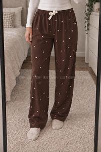 Lamelif Milan Kumaş Kahve Krem Kalp Desenli Pijama Altı