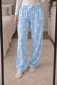 Lamelif Milan Kumaş Mavi Kalp Desenli Pijama Altı