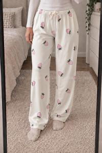 Lamelif Milan Kumaş Pembe Çilek Desenli Pijama Altı