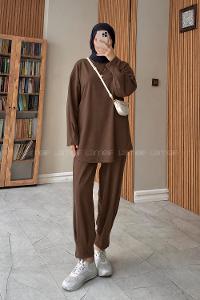 Brown Crew Neck Long Arm Without Accessories Elastic Trousers Suit