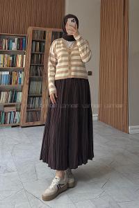 Lamelif Çizgili Crop Hırka Camel