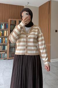 Lamelif Çizgili Crop Hırka Camel