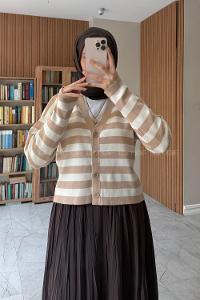 Lamelif Çizgili Crop Hırka Camel