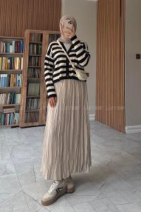 Lamelif Çizgili Crop Hırka Siyah