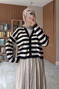 Lamelif Çizgili Crop Hırka Siyah