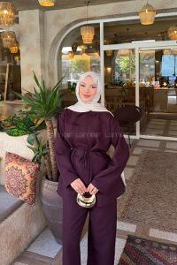 Lamelif Birit Detaylı Pantolonlu Keten Takım Mürdüm