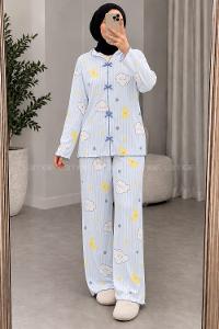 Lamelif Bulut Desenli Fiyonk Detaylı Pijama Takımı