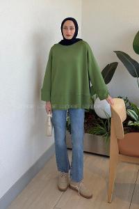 Lamelif Bisiklet Yaka Eteği Yırtmaçlı Sweat Yeşil
