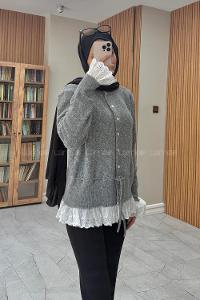 Lamelif Dantel Detaylı Yumoş Hırka Gri