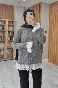Lamelif Dantel Detaylı Yumoş Hırka Gri