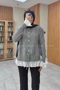 Lamelif Dantel Detaylı Yumoş Hırka Gri