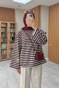 Lamelif Kol Arma Detayli Çizgili Üç İplik Sweat Bordo