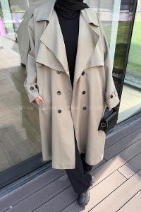 Lamelif Pelerin Detaylı Oversize Trenç Haki