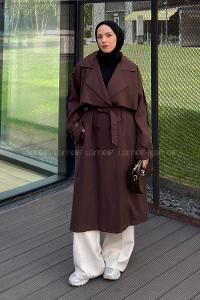 Lamelif Pelerin Detaylı Oversize Trenç Kahverengi