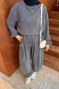 Lamelif Şalvar Pantolonlu Modal Takım Gri