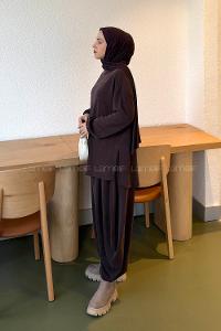Lamelif Şalvar Pantolonlu Modal Takım Kahverengi