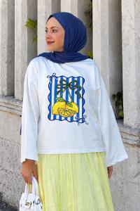 Cream-1 Crew Neck Long Arm Without Accessories Printed Blouse