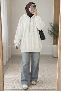 Lamelif Kapüşonlu Fermuarlı Sweatshirt Hırka Beyaz