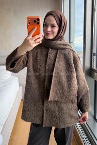 Lamelif Şal Detaylı Sakallı Ceket Kahverengi