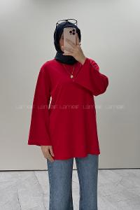 Red Crew Neck Long Arm Without Accessories Unprinted Blouse
