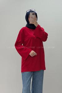 Red Crew Neck Long Arm Without Accessories Unprinted Blouse