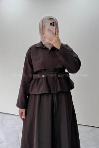 Bitter Brown Neckband Long Arm Parachute Fabric Flared Skirt Suit