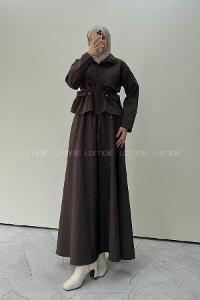 Bitter Brown Neckband Long Arm Parachute Fabric Flared Skirt Suit