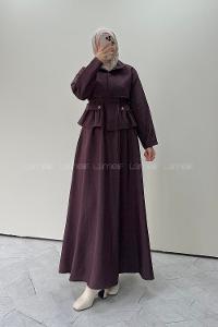 Plum Neckband Long Arm Parachute Fabric Flared Skirt Suit
