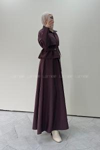 Plum Neckband Long Arm Parachute Fabric Flared Skirt Suit