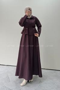 Plum Neckband Long Arm Parachute Fabric Flared Skirt Suit