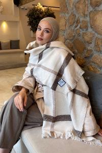 Lamelif Ekose Desen Omuz Şal Ekru Kahverengi
