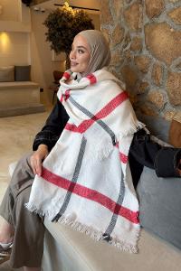 Lamelif Ekose Desen Omuz Şal Kırık Beyaz Kırmızı
