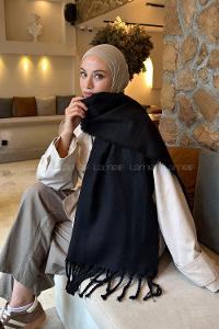 Lamelif Püskülü Düz Omuz Atkı Şal Siyah