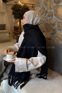 Lamelif Püskülü Düz Omuz Atkı Şal Siyah