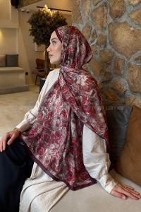 Lamelif Rose Garden Desen Bambu Şal Bordo