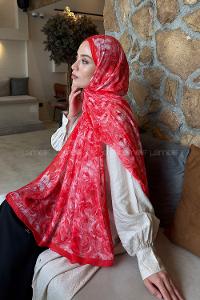 Lamelif Rose Garden Desen Bambu Şal Kırmızı