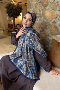 Lamelif Rose Garden Desen Bambu Şal Lacivert Bej