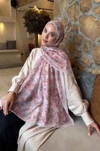 Lamelif Rose Garden Desen Bambu Şal Pudra