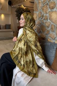 Lamelif Vintage Flower Desen Bambu Şal Asker Yeşili