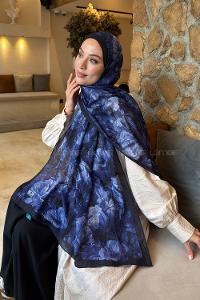Lamelif Vintage Flower Desen Bambu Şal Lacivert