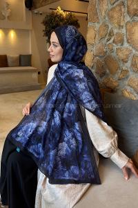 Lamelif Vintage Flower Desen Bambu Şal Lacivert