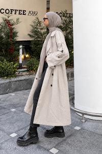 Lamelif Kruvaze Apoletli Oversize Trenç Taş Rengi