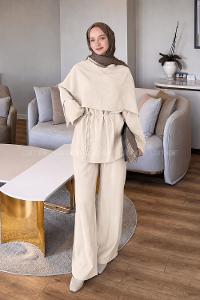 Lamelif Şallı Pantolon Takım Krem