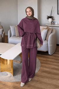 Lamelif Şallı Pantolon Takım Mürdüm